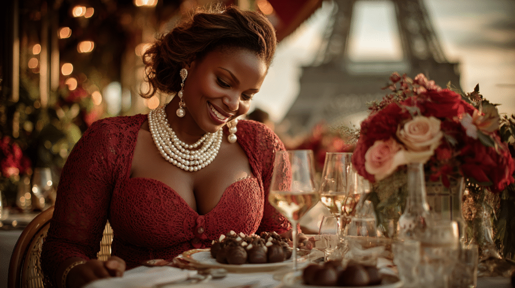 Black woman in elegant red dress enjoying gourmet chocolates at a candlelit table in Paris, with Eiffel Tower glowing in the background