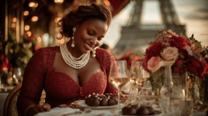 Black woman in elegant red dress enjoying gourmet chocolates at a candlelit table in Paris, with Eiffel Tower glowing in the background