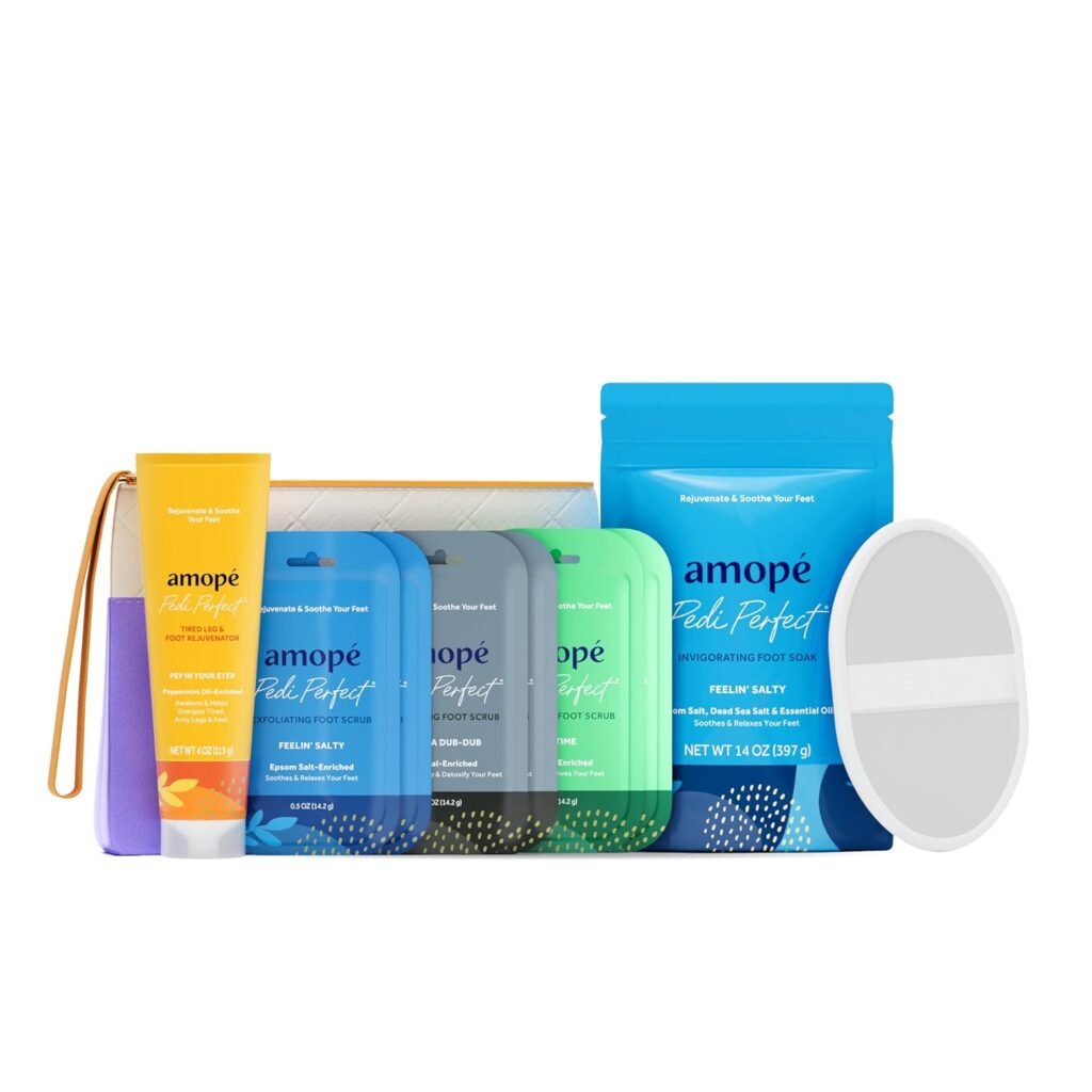 Amope Pedi Perfect Footcare Kit – At-Home Spa Essentials for Restorative Foot Treatment Amope luxury footcare set with exfoliating scrubs, soak, balm, and foot file in travel case