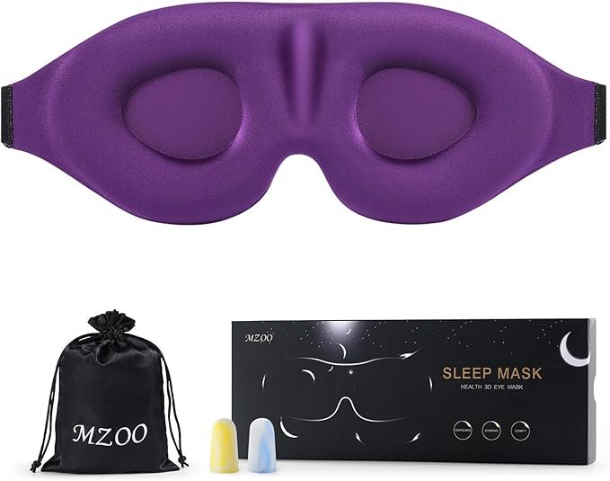 title="MZOO 3D Eye Mask - Lash-Friendly Contoured Sleep Mask for Travel" Purple 3D contoured sleep mask with earplugs and travel bag by MZOO