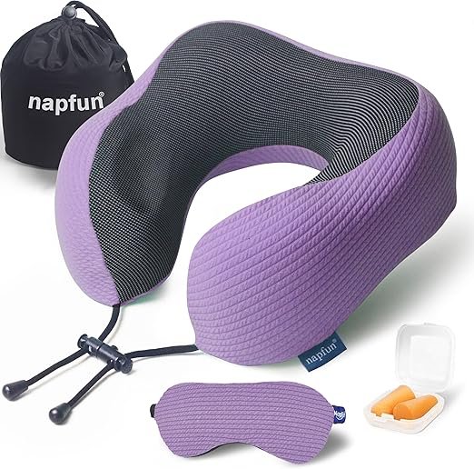 title="napfun Memory Foam Travel Neck Pillow with Accessories – Purple" Light purple and black ergonomic memory foam travel neck pillow set by napfun