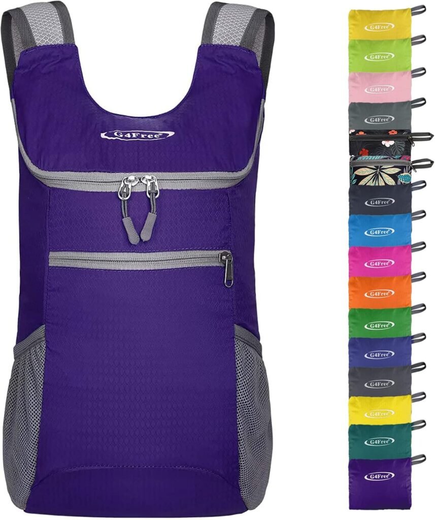 G4Free Packable Travel Daypack – Lightweight, Water-Resistant Backpack for Markets, Trails, and City Wanders G4Free lightweight water-resistant foldable daypack in purple with multiple color options for travel and hiking