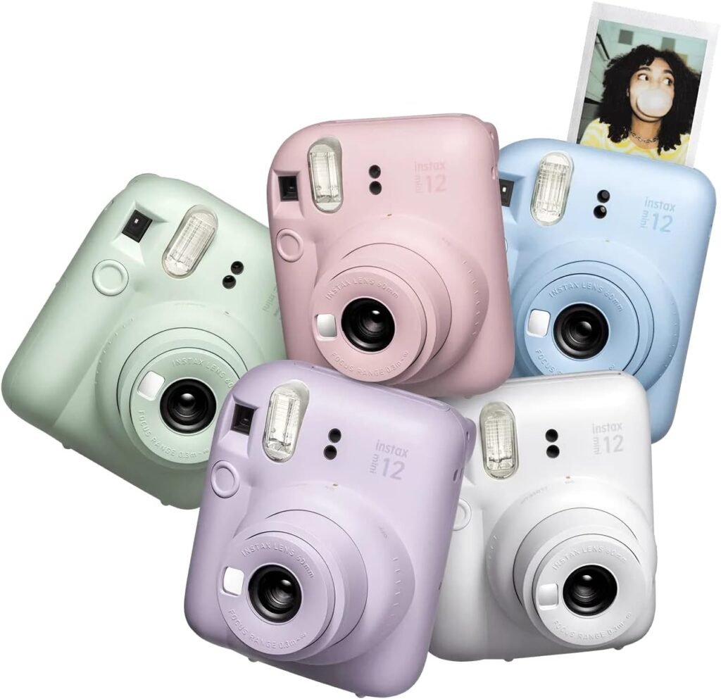 Fujifilm Instax Mini 12 Instant Camera – Capture Tangible Travel Memories in Seconds Fujifilm Instax Mini 12 instant cameras in pastel colors including lilac, pink, mint, blue, and white