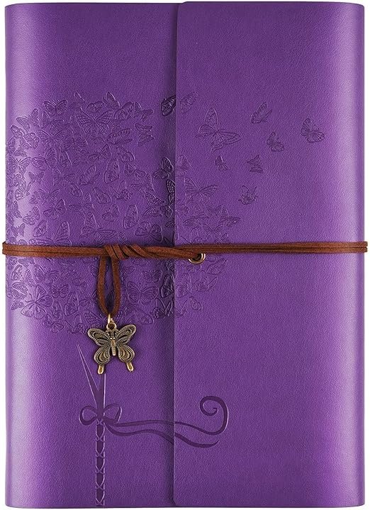 OMEYA Refillable Leather Travel Journal – Purple Notebook for Personal Writing & Reflection Purple refillable leather journal with butterfly charm and embossed design – travel writing notebook