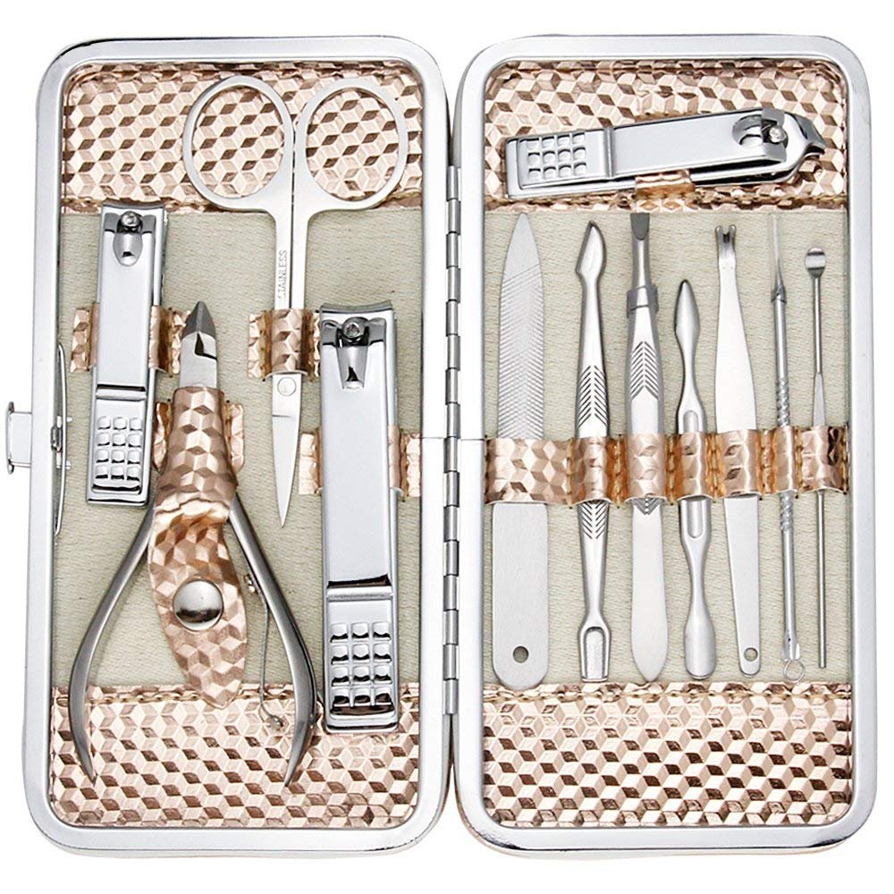 ZIZZON Professional Travel Manicure Set – Rose Gold 12-Piece Grooming Kit for Women Rose gold 12-piece stainless steel manicure and pedicure travel grooming kit in textured case